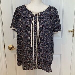 Short Sleeves Blouse, Flowers, Medium, Blue, Cream, Red